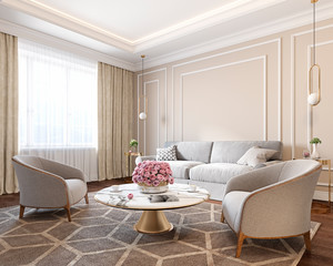 Classic beige interior with sofa, armchairs, coffee table, carpet, curtain, flowers and wall moldings. 3d render illustration mockup.
