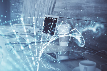 Desktop computer background and DNA drawing. Double exposure. Science concept.