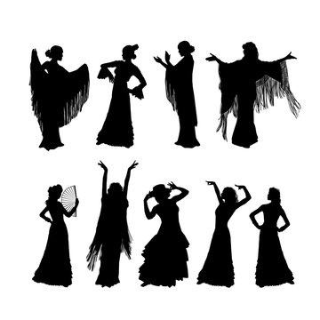 Woman in long dress stay in dancing pose. flamenco dancer, spanish. beautiful female profile black silhouette Isolated on white background. Vector