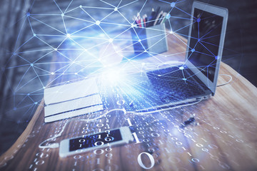 Technology theme drawing and table with computer. Double exposure. Concept of information.