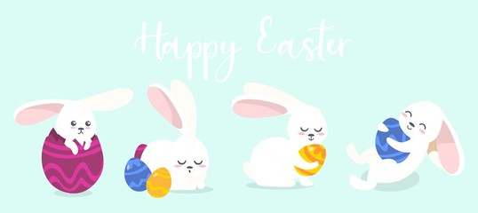 Happy easter cute greeting card with bunnies vector illustration. Festive template with white rabbits with colourful eggs flat style design. Handwritten text. Holiday and spring concept