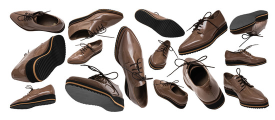 Set of brown patent leather shoes in different positions and angles isolated on white background. Banner. Flying or levitating objects. Women's fashion shoes concept.
