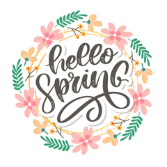 Hello Spring Flowers Text Background lettering slogan