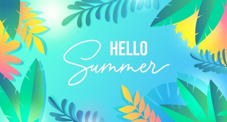 Hello summer colourful banner with tropic leaves vector illustration. Typographical flat style design. White lettering on bright floral background. Summertime season concept