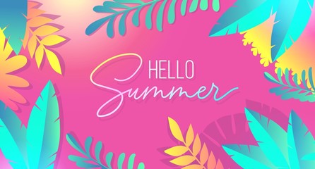 Hello summer tropical banner with palm leaves vector illustration. Tropic template in bright colourful shades flat style design. Holidays and summertime season concept