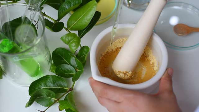 Medicine preparation formulating, Pharmacist grinding and mixing natural herb extract in mortar, Research and development alternative pharmacy concept.