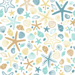 Seamless pattern with hand drawn seashells, neutral colors marine theme in minimal scandinavian style