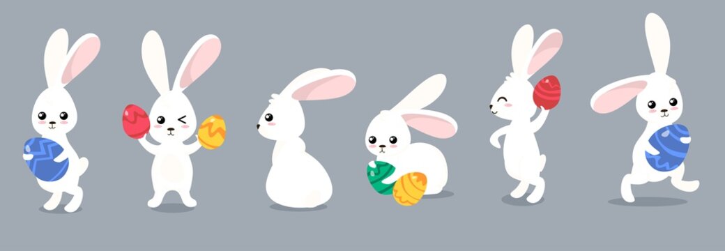 Funny easter rabbits character with eggs set vector illustration. Collection of cute fluffy bunnies with treats cartoon design. Holiday and spring concept