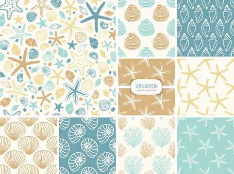 Set of seamless patterns with hand drawn seashells, neutral colors marine theme in minimal scandinavian style