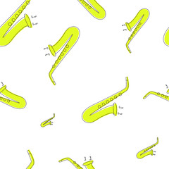 Seamless pattern with saxophone instrument, musicla instruments, wallpaper