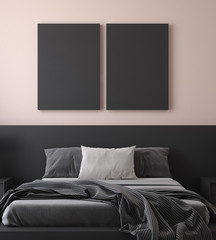 Mockup poster in modern bedroom, 3d render