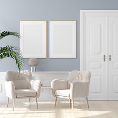 Mockup poster in modern living room interior in pastel colors, 3D render