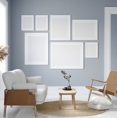 Mockup poster in modern living room interior in pastel colors, 3D render