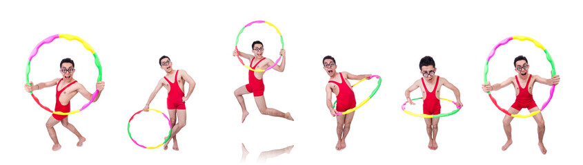 Funny sportsman with hula hoop on white