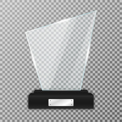 Glass trophy award on black stand. Realistic glass trophy with glares and light. Acrylic and glass texture