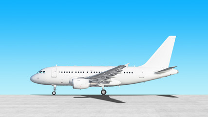 white airplane side view on runway at airport isolated on blue sky background. Passenger jet plane with gear extended. Commercial aircraft paint scheme. Luxury business jet. Aviation design reference