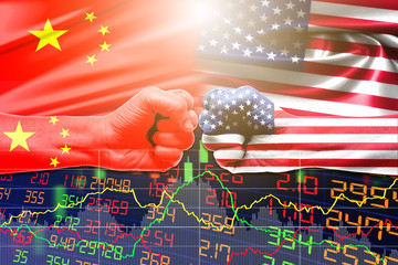 USA and China trade war economy conflict tax business finance money or Stock market. Concept of trade confrontation between China and USA. Clash of Chinese and American.
