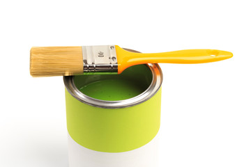 Can with green paint with brush  isolated on white background