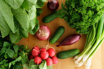 Fresh organic produce from local farmers market. High resolution, natural wood background