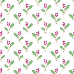 Vector seamless flat pattern with branches, leaves and berries.