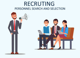 Recruiting Personnel Search and Selection. Vector. People Sits on Bench. Open Vacancy. Man in Business Suit. Vector Illustration. Evaluate Professional Qualities. HR Manager. Competitive Workplace.