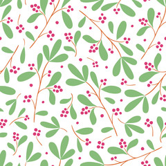 Vector seamless flat pattern with branches, leaves and berries.