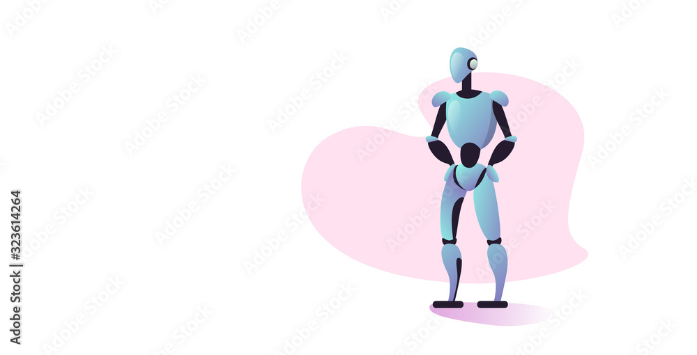 Poster cute robot cyborg modern robotic character standing pose artificial intelligence technology concept 
