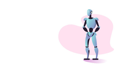 cute robot cyborg modern robotic character standing pose artificial intelligence technology concept full length horizontal vector illustration