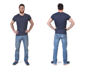 face and back of a young man with hands on his waist