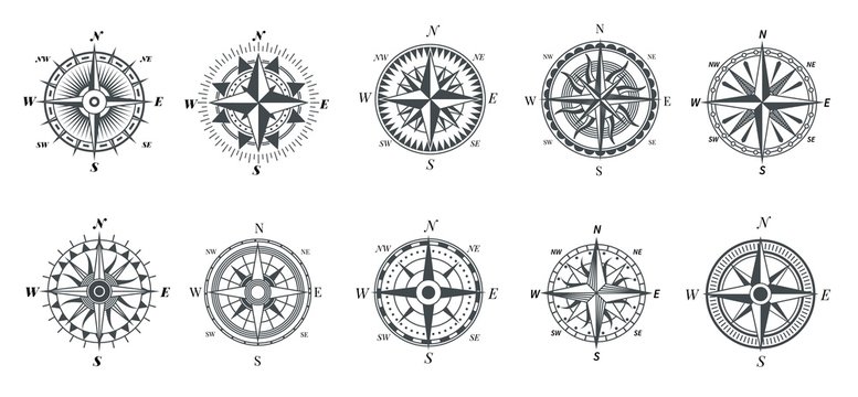 Wind rose compass. Vintage marine compasses, nautical sailing navigation travel signs, retro arrows pointer vector symbols. Compass direction, nautical travel exploration tools illustration