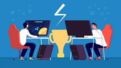 Cyber sport. Esport pro gamers team play online video game at computers on tournament vector concept. Illustration professional e-sport, championship pro gamer © MicroOne