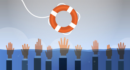 drowning businessmen hands in water getting one lifebuoy helping business to survive support rescue concept horizontal vector illustration
