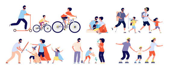 Fototapeta premium Family spend time together. Happy loving families leisure. Reading book, painting and planting tree, playing sports game vector set. Family together daughter, son and parents illustration