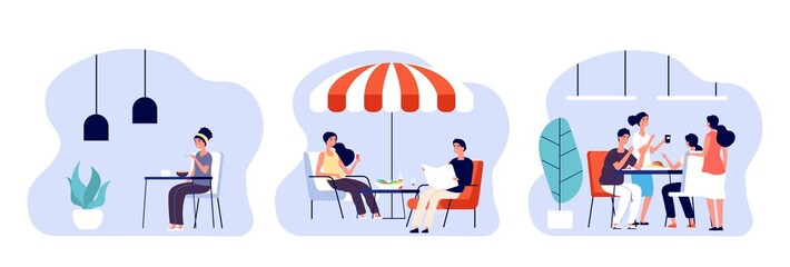 Fototapeta premium People eating. Women man have lunch, breakfast or dinner in different places. Cafe, restaurant and office dining room. Dating and meeting vector illustration. Breakfast dinner in cafe or cafeteria
