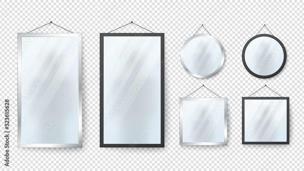 Poster realistic mirror. rectangle, round reflection mirrors with metal and black frames isolated on transp