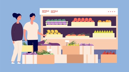 Supermarket customers. People shopping fruits vegetables. Man and woman choose fresh nutritional products. Funny shoppers with cart vector illustration. Woman and man in supermarket, market fruit