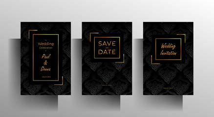 Design wedding invitation template set. Floral hand painted texture in black color. Vector 10 EPS.