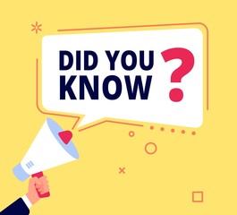 Did you know. Innovative facts, question banner or quiz idea. Fun speech bubble, marketing and promotion, sales. Vector thinking concept. Illustration question banner, bubble discussion or advice