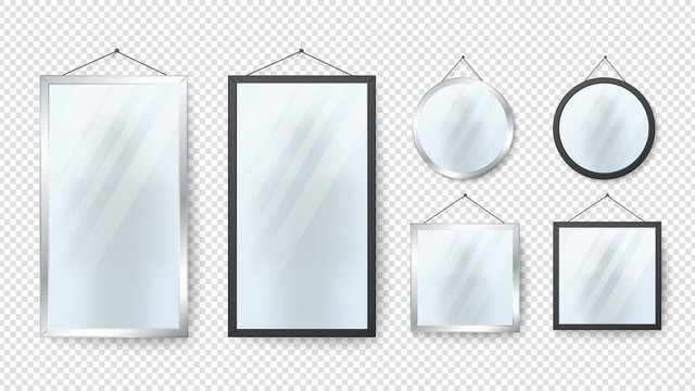 Realistic mirror. Rectangle, round reflection mirrors with metal and black frames isolated on transparent background. Shiny silver interior vector collection. Illustration mirror rectangle and circle