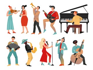 Musicians. Professional orchestra and musician band. Isolated people with music instruments. Vector male and female musical characters. Illustration orchestra instrument jazz, male and female musician © MicroOne