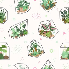 Succulents. Summer tropical flowers, terrarium and cacti seamless pattern. Trendy drawing desert plants texture. Greenery vector background. Illustration cacti and houseplant, pattern wrapping