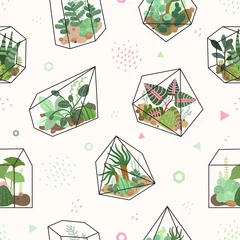Wallpaper murals Terrarium plants Succulents. Summer tropical flowers, terrarium and cacti seamless pattern. Trendy drawing desert plants texture. Greenery vector background. Illustration cacti and houseplant, pattern wrapping