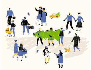 Set of cartoon people in winter outerwear clothes. Including various lifestyles and ages like businessman, man, woman, teenagers, seniors in outdoor activities. Characters flat illustrations.