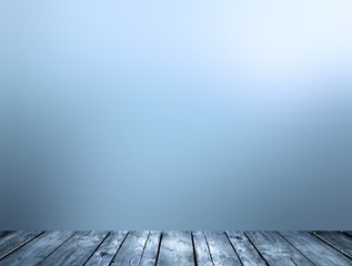 3d empty table rough wooden texture. Old rustic template. Muted blue blur sky. Brutal style defocused background.