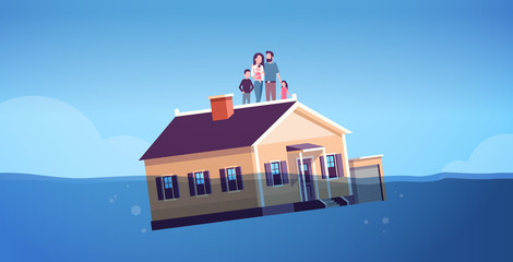 house with family sinking in water real estate housing crisis business of mortgage rates bankruptcy concept parents and children floating with home horizontal full length vector illustration