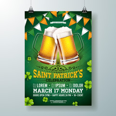 Saint Patricks Day Party Flyer Illustration with Beer, Flag and Clover on Green Background. Vector Irish Lucky Holiday Design for Celebration Poster, Banner or Invitation. - obrazy, fototapety, plakaty