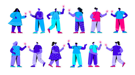 Fototapeta premium Set of joyful boys and girls with sparklers having fun at festive party or festival. Collection of male and female characters rejoicing and celebrating holiday. Modern flat blue vector illustration.