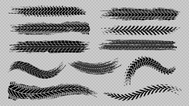 Tire trace track. Abstract wheels braking distances, tread silhouettes brushes. Isolated car or motorcycles vector trails. Tire vehicle, road track rubber, transportation texture illustration