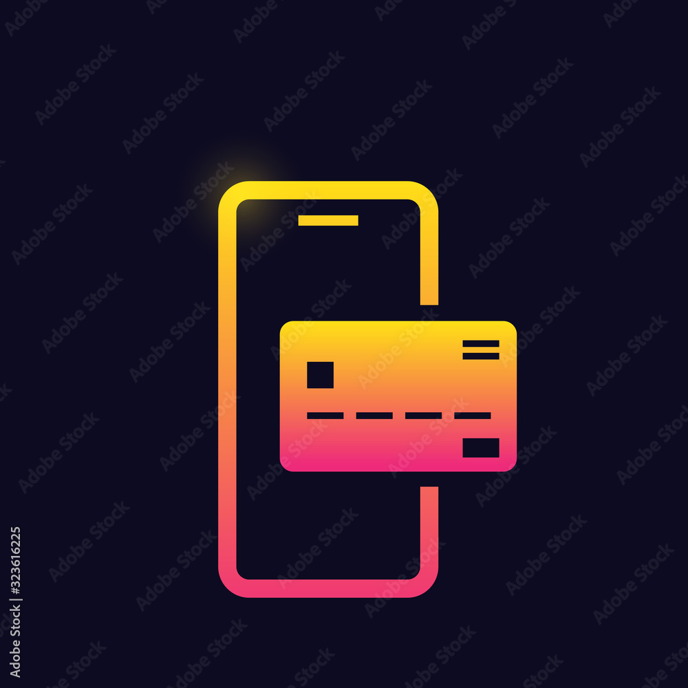 Poster smartphone with credit card sign glowing neon icon banking icons for ui and ux website or mobile app
