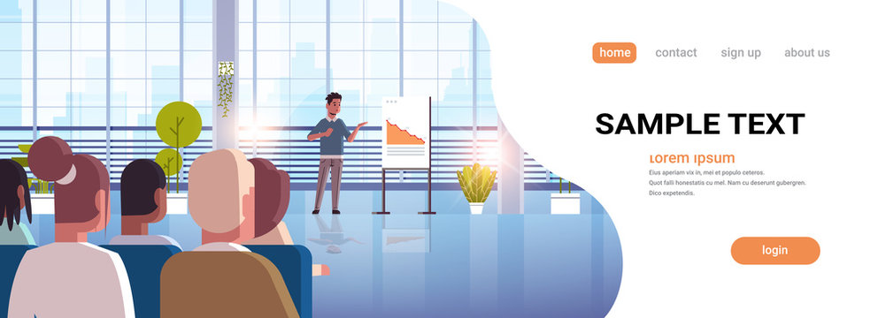 businessman presenting falling down arrow for businesspeople at conference meeting decrease economical financial crisis failure concept full length horizontal copy space vector illustration